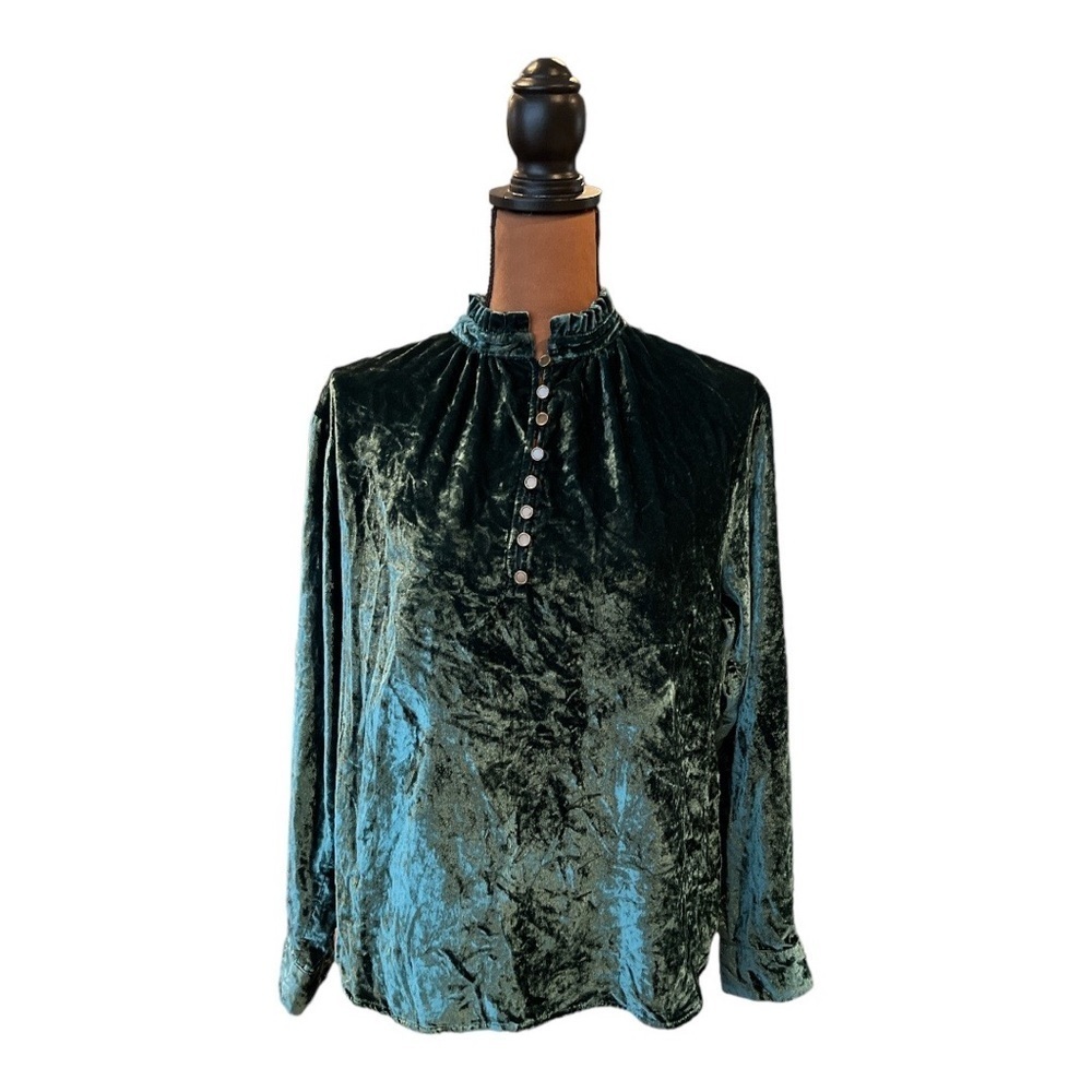 Anthropologie Dark Green Velour Blouse S Velvet Top Long Sleeve  #B169